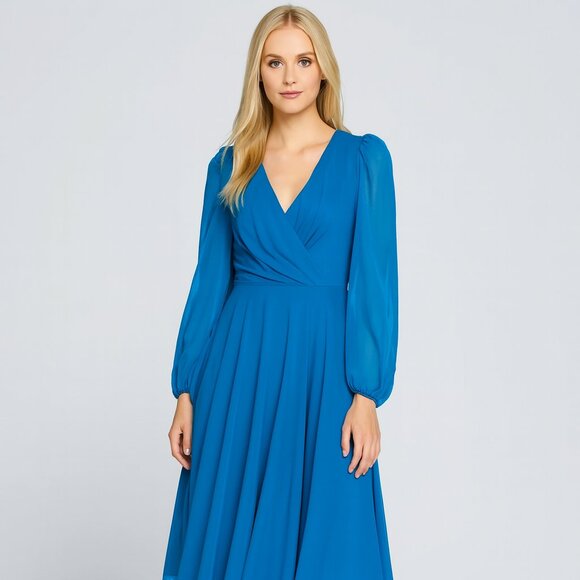 NWT Mac Duggal Chiffon Bishop Sleeve Surplice Dress (Plus) Ocean Blue 14W #9861 - Picture 1 of 6